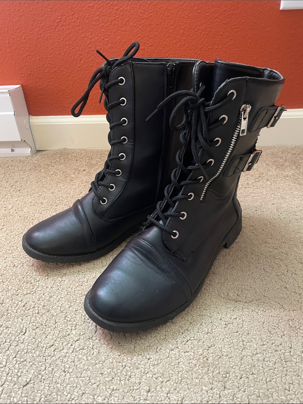Women's Black Lace-Up Combat Boots with Buckle & Side Zip
